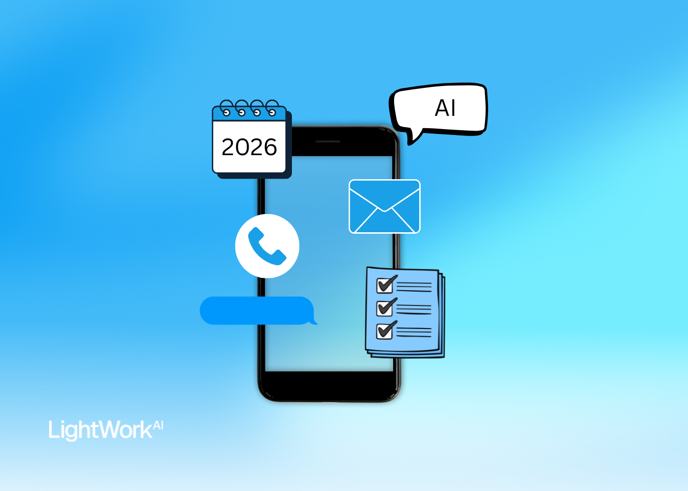 phone with messaging, email, phone icons surrounding and lightwork ai logo