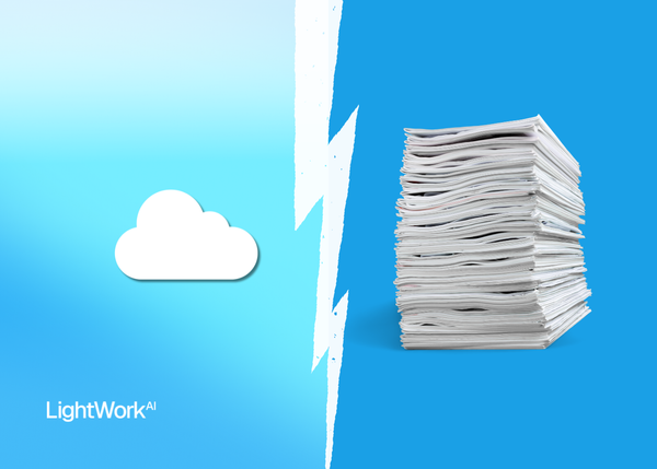 LightWork AI logo, cloud icon, stack of papers, property management blog